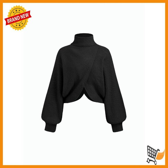 Sweaters - Cropped Turtleneck Sweater Ribbed Knit Lantern Sleeve Pullover Fall